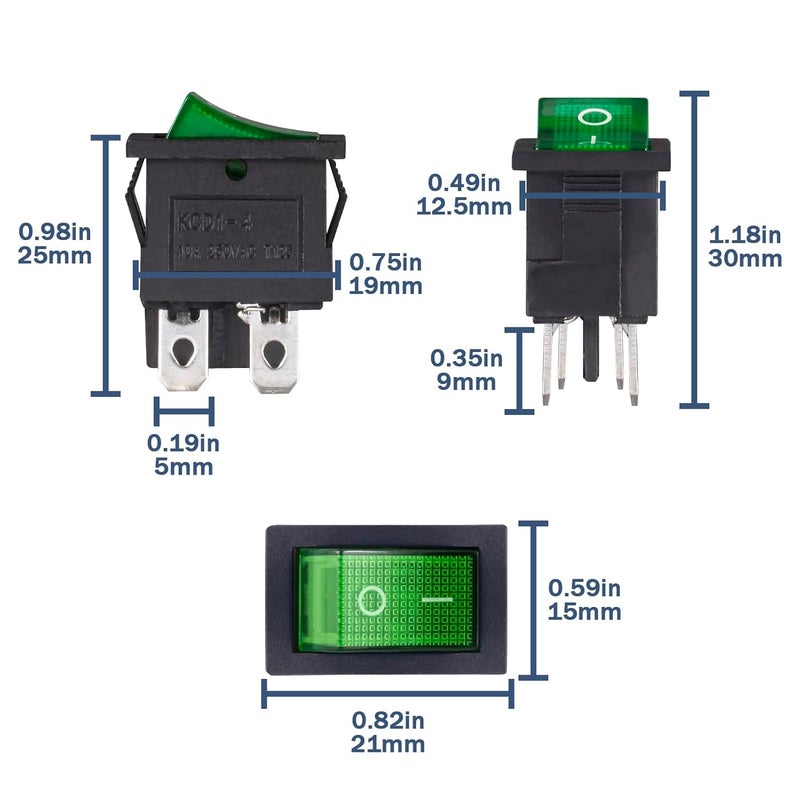 VEXUNGA 4 Pin Mini Rocker Switch On Off 10A 250V AC DPDT Lighted Illuminated Boat Rocker Toggle Switch 2 Position KCD1 Snap Square Switches with Green Light for Car Marine (Pack of 10pcs) - Image 2